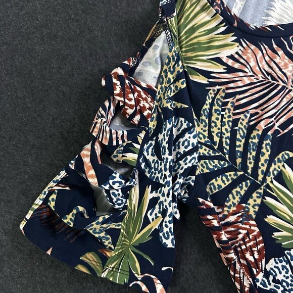 Scarlett Tropical Floral Print U-Neck Cutout Sleeve Blouse Womens XL Blue Cottag - Picture 3 of 11